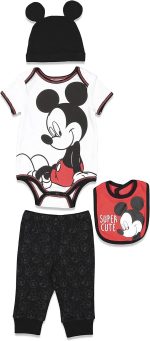Disney Mickey Mouse 4 Piece Outfit Set: Bodysuit Pants Bib Hat